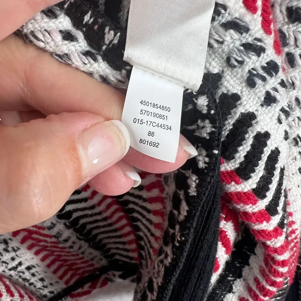 CHICOS Red‎ Black Asymmetrical Full Zip Textured Bold Moto Sofia Cardigan Size 2